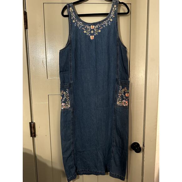 Jane Ashley Dresses & Skirts - Vintage 90's Jane Ashley Blue Denim Midi Jumper Floral Embroidered Dress